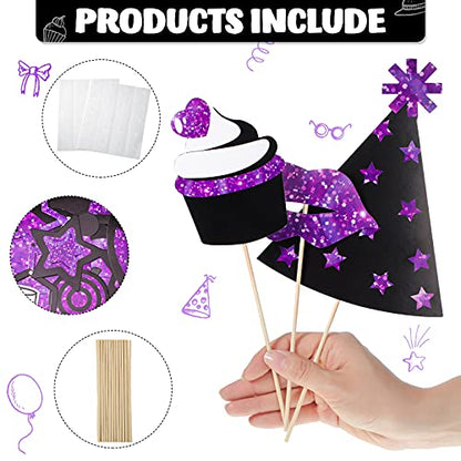 Zonon 24 Pcs Funny Photo Booth Props Set, Black and Purple | Props on Sticks for Wedding, Reunion, Prom, Includes Mustache, Hats, Glasses, Ties, Lips, Crowns, Fun Party Accessories - color: Black and Purple
