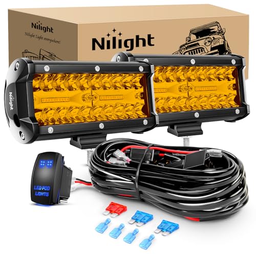 Nilight Led Light Bar 2PCS 6.5 Inch Amber 120W Spot Flood Combo Waterproof Triple Rows Off Road Fog Lights with 12V 5Pin Rocker Switch Wiring Harness Kit-2 Lead, 2 Year Warranty (ZH704) - color: Amber Led Pods + Wiring, size: Led Pods