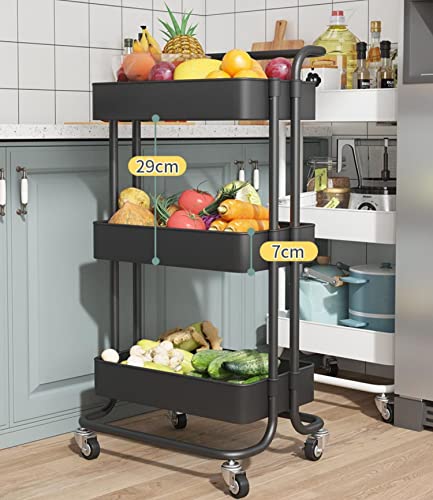 Sooyee 3 Tier Metal Utility Cart with Handle and Lockable Wheels, Black - color: Black, size: Wide 3 Tier 2