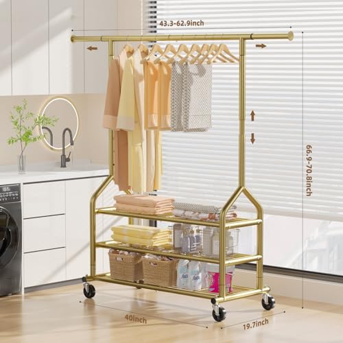 EAGMAK Heavy Duty Clothes Rack Load 688 LBS, Rolling Clothing Rack With 3 Shelves, Adjustable Metal Clothes Hanger with Wheels Portable Wardrobe Organizer Garment Rod for Hanging Clothes (Gold) - color: Gold, style: 3 Shelves