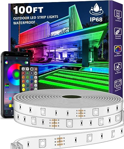 AILBTON 100ft Outdoor LED Strip Lights Waterproof,IP68 Outside Led Light Strips Waterproof with Bluetooth App Remote Control,Music Sync RGB Exterior Led Rope Lights,for Balcony,Deck,Roof,Garden,Pool - size: 100FT