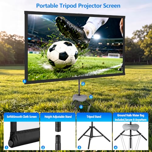 Portable Projector Screen with Tripod Stand, 100in Projection Screen Outdoor for Backyard, Camping, Washable Cloth Projector Screen with Water Weight Bag, Indoor Movie Screen, 16:9 - size: 100inch