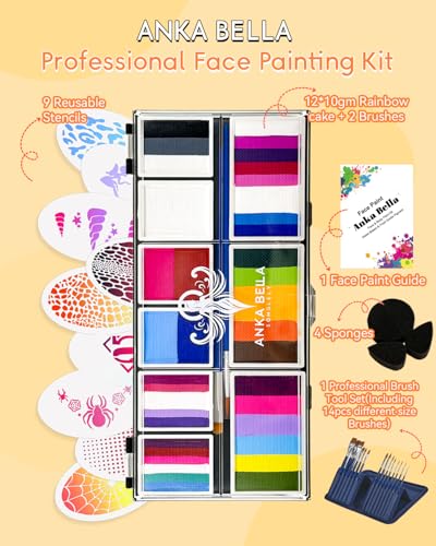 Anka Bella Professional Face Painting Kit–Split Cake Water Activated Face Paint Palette with 14 Brushes, Stencils & Sponges, Non-Toxic Hypoallergenic Face & Body Paint for Halloween, Parties,Cosplay - color: FairyTaleFace Palette