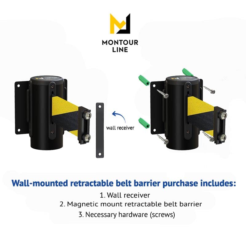 Montour Line WM115 Wall Mounted Retractable Belt Barrier with Magnetic Belt End, Magnetic Mount, Black Casing (8.5 ft Black and Yellow Diagonal Belt) - color: Black and Yellow Diagonal, size: 8.5 ft