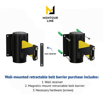Montour Line WM115 Wall Mounted Retractable Belt Barrier with Magnetic Belt End, Magnetic Mount, Black Casing (8.5 ft Black and Yellow Diagonal Belt) - color: Black and Yellow Diagonal, size: 8.5 ft