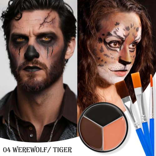 Black Brown Terracotta Face & Body Paint - Blendable Facepaint Foundation with Sponge & Brush for Skin, Professional Halloween Face Make-up Kit for Wolf Werewolf Tiger Deer Lion Beard Cosplay Costume - color: 04 Werewolf/Tiger
