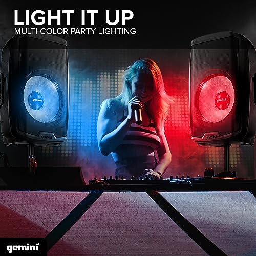 Gemini Sound AS-2115BT-LT Active 2000W Watt Party LED Light 15 Inch Woofer Powered Stage DJ Monitor Bluetooth PA Speaker, Wireless Stereo Pairing, Portable Fly Points | 15" powered PA with beat-synced LED show - XLR/1/4" mic inputs - Bluetooth, USB, SD, F