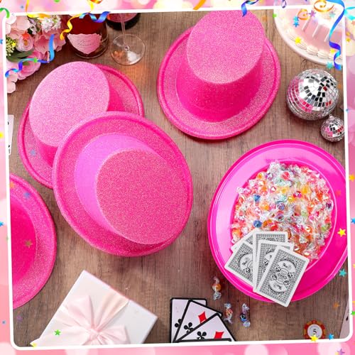 Hillban 12 Pack Hot Pink Top Hats Party Shiny Plastic Glitter Sequin Hat Disco Costume Accessories Bulk for Glow Wedding Party Supplies Magician Carnival Celebration Birthday Valentines - color: Hot Pink, style: Classic