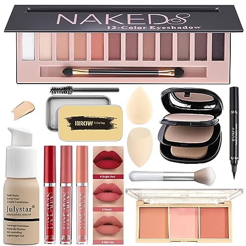 All in One Makeup Kit Full 12 Colors Naked Eyeshadow,2 Color Compact Powder,Liquid Foundation,Lipsticks, Blush,Eyebrow Soap,Winged Eyeliner Stamp,Makeup Gift Set for Women, Teens & Girls(Naked) - color: 12-Pink