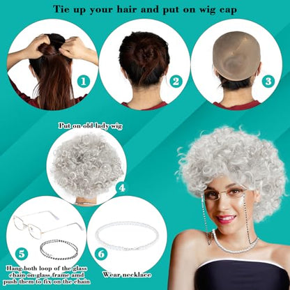 MAQIHAN Granny Wig Costume Set - White Old Lady Wig with Glasses Cap - color: Pure White