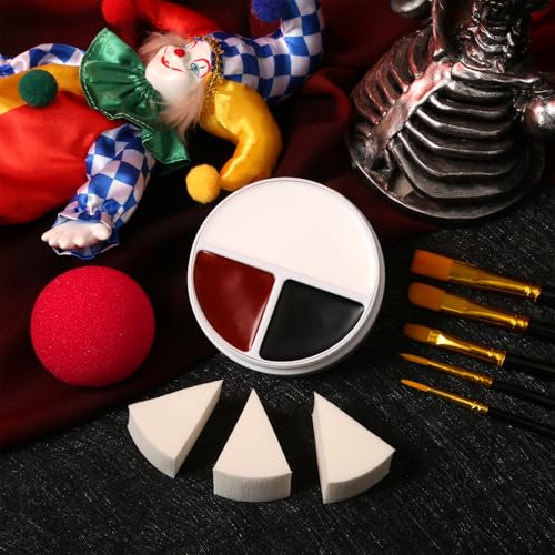 Scary Clown Makeup Face & Body Paint Kit Professional Black White Red SFX Cream Bodypaint with 5 Brushes Sponge Applicators & Clown Nose Facepainting Set for Kids Adult Halloween Joker Vampire Zombie - color: Black White Red 10 PCS