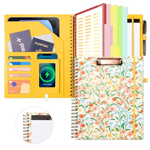 Ospelelf Clipboard with Storage for Men Women, Leather Padfolio Portfolio Organizer 5 Folders with 10 Pockets, Spiral Clipboard Folio with Notepad for Letter Size, Elastic Closure and Pen Loop Floral - color: Fresh Floral
