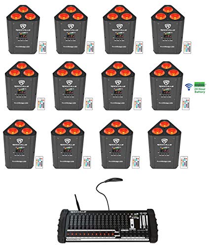 Rockville RockWedge LED Par Light 12-Pack with ROCKFORCE W4 DMX Controller | 8-36 Hour Rechargeable Battery, 54W RGBWA+UV, 2.4GHz Wireless DMX, 384 Channels with MIDI, 12 IRC Remotes, 13-Items