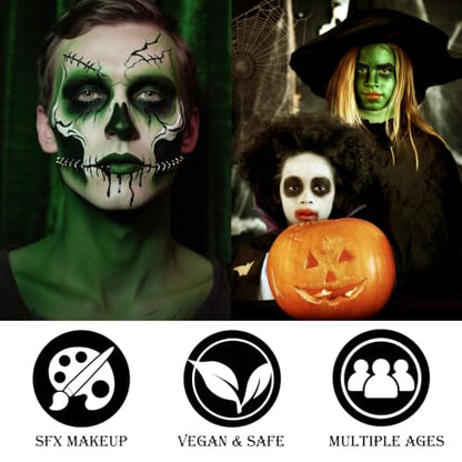 Black White Green Face & Body Paint - Blendable Facepaint Foundation with Sponge & Brush for Skin, Professional Halloween Face Make-up Kit for Grinch Shrek Alien Frankenstein Wicked Witch Costume - color: 05 Beetlejuice/Witch