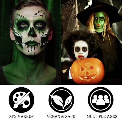 Black White Green Face & Body Paint - Blendable Facepaint Foundation with Sponge & Brush for Skin, Professional Halloween Face Make-up Kit for Grinch Shrek Alien Frankenstein Wicked Witch Costume - color: 05 Beetlejuice/Witch