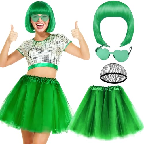 PLULON Green Bob Wig Tutus Heart Sunglasses for Women Costume, Neon Bobs with Bangs Funny Wigs Puffy Tutus for St. Patrick's Day Disco Bachelorette Christmas Halloween Party Music Festivals - color: Green