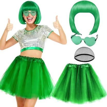 PLULON Green Bob Wig Tutus Heart Sunglasses for Women Costume, Neon Bobs with Bangs Funny Wigs Puffy Tutus for St. Patrick's Day Disco Bachelorette Christmas Halloween Party Music Festivals - color: Green