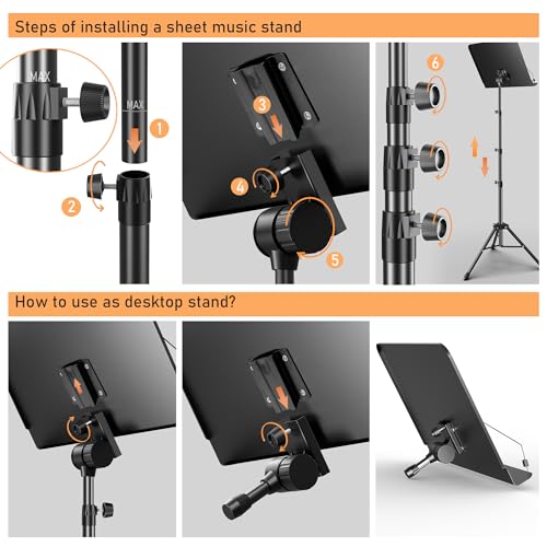 5 in 1 Dual-use Sheet Music Stand & Desktop Book Stand, Height Adjustable from 23.6-59 in, Folding Music Stand with Portable Carrying Bag, Sheet Music Folder & Rechargeable Music Stand Light - size: Music Stand + Book Light + Sheet Music Clip