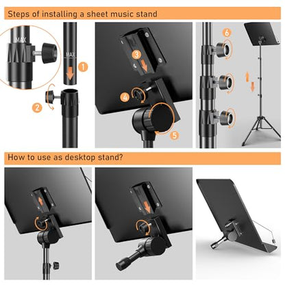 5 in 1 Dual-use Sheet Music Stand & Desktop Book Stand, Height Adjustable from 23.6-59 in, Folding Music Stand with Portable Carrying Bag, Sheet Music Folder & Rechargeable Music Stand Light - size: Music Stand + Book Light + Sheet Music Clip