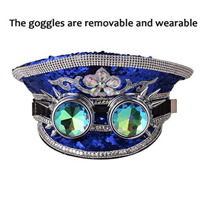 GRACEART Women's Burning Man Sequin Hat Mucis Festival Military Captain Hats Steampunk Caps with Goggles - style: Style-05(with Goggle)