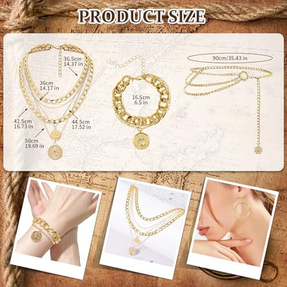 38PCS Pirate Accessories for Women - Captain Costume Set with Telescope, Gold Coins, Jewelry, Sash, Bandana & Eye Patch - Complete Halloween Cosplay Dress Up Kit for Ladies