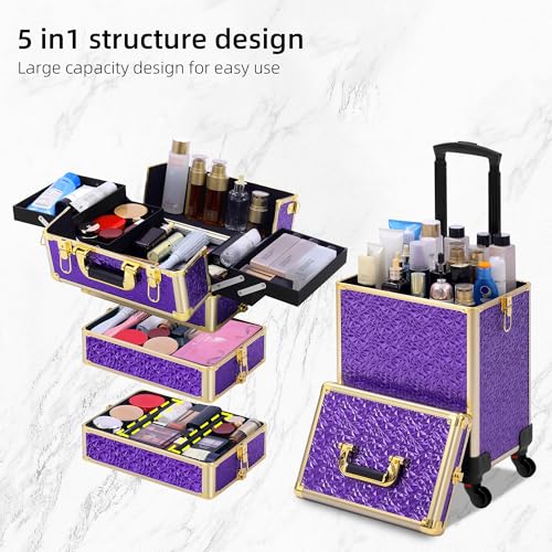Somduy Rolling Makeup Case, Makeup Train Case with Lid, 5 in 1 Cosmetology Case on Wheels, Christmas Gift, Large Makeup Organizers, Profesional Cosmetic Case for Salon Barber, Purple Gold - color: Purple Gold