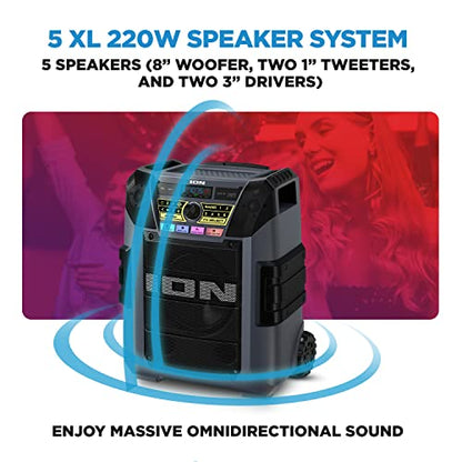ION Block Rocker XL 220W Bluetooth Outdoor Speaker with Wheels | Water Resistant, Radio, Karaoke Mic, USB Charging, Stereo Linking, Bass Boost and App Control, for Parties and Outdoor Events - style: 220W water-resistant
