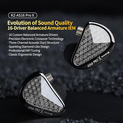 KZ AS16 PRO X in Ear Monitor Headphones HiFi Gaming Earbuds 16BA Balanced Armature Drivers IEM Earphones for Musicians Singers Audiophile Dj Drummers - size: No Mic