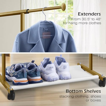 MISSLO Short Clothing Racks for Hanging Clothes with Bottom Shelves and Wheels Heavy Duty Rolling Clothes Rack Kids Clothing Rack for Adult Coat, Closet, Wardrobe (Gold) - color: Gold