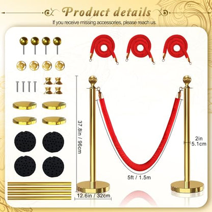 4PCS Gold Stanchions Posts with 3PCS 5 ft Red Velvet Rope, Red Velvet Rope Stanchion Set Crowd Control Barriers, Stanchions and Velvet Ropes Red Carpet Poles for Party Supplies - color: Gold, size: 4