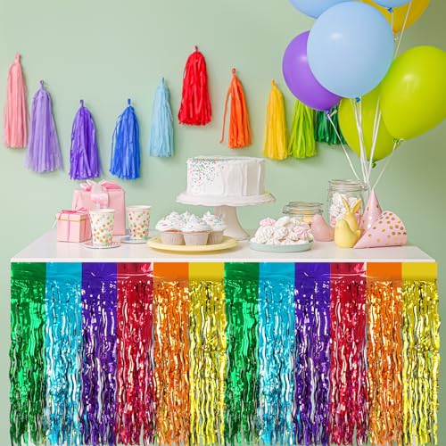 2 Pack 29.5x108 Inch Foil Tinsel Fringe Table Skirts, Disposable Table Skirts for Rectangle Tables Curtains Backdrop Parade Wedding Floats Baby Shower Party (Rainbow Colors) - color: Rainbow Colors