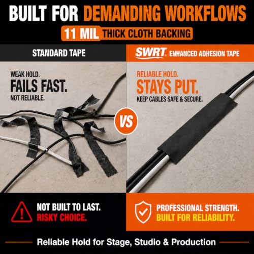 SWRT Gaffers Tape, 12-Pack, 2 in x 30 yd, 11 Mil, Pro Matte, Black | No-Residue Removal; Strong Hold; Non-Reflective; Easy Hand Tear; Film, Stage & Cable Management