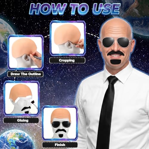 Mepase Bald Caps with Glasses Mustache Accessories | Halloween Cosplay Style Set, Bald Cap, Adult Lens Glasses, Beard Stickers, Costume Party Disguise Accessories - color: Wrinkle