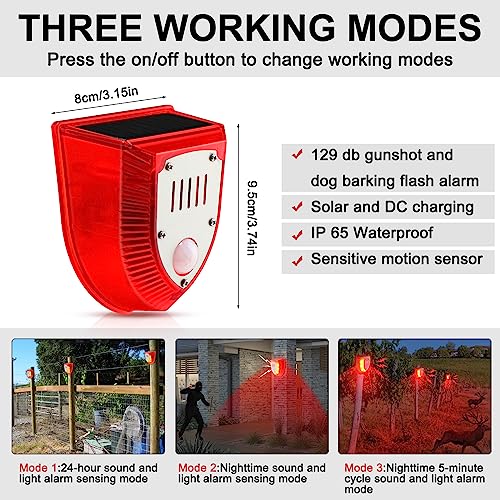 Qualirey 4 Pcs Solar Alarm Motion Detector with Sound Outdoor Motion Sensor 129db Barking Dog Strobe Light Gunshot Sound Alarm Detector Noise Maker Warning Lamp for Home Villa Yard Farm