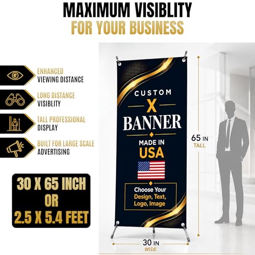 custom x stand banner 30x65" custom banners personalized Printed in USA | Custom x banner stand for Display, Vertical custom banner with stand (Option)business banners and signs customize for Event - color: X Stand Banner