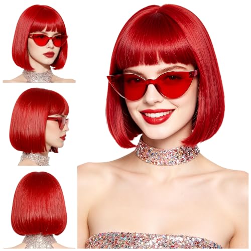 Short Bob Straight Hair Wigs with Bangs, Synthetic Fiber Colorful Hair, Cat Eye Glasses for Women (Red) - color: Red