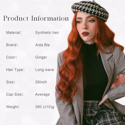 Aida ble Long Wavy Ginger Wig for Women 26inch Middle Part Synthetic Wig | Natural Looking Orange Wig,Heat Resistant Hair,Suitable for Daily Wear,Party,Halloween and Cosplay,Beginner-friendly Wig - color: Ginger