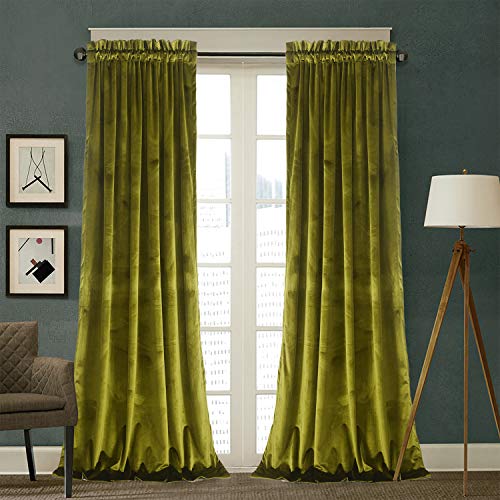 Roslynwood Velvet Olive Green Curtain 63 inch Long - Curtains Block Light Rod Pocket Thermal Insulated Window Drapes Set for Living Room/Bedroom/Dining Room, W52 x L63, 2 Panels - color: Olive Green, size: 52"W x 63"L (Pack of 2)