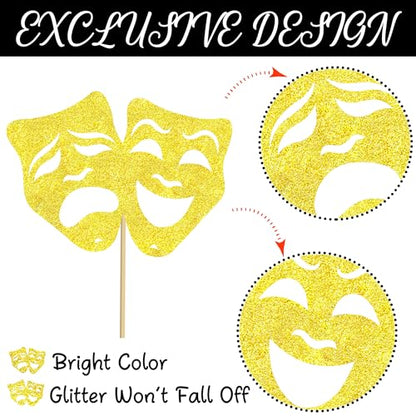 Theatrical Mask Centerpiece Sticks 12PCS Comedy Movie Night Theme Party Decorations Glitter Gold Tragedy Mask Table Toppers for Drama Film Festival Birthday Party Supplies