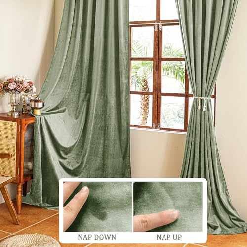 YOFUN 84 inches 2 Panels, Sage Green Blackout Luxury Velvet Curtains Thermal Insulated Heat Block Soundproof Window Panels Soft Drapes for Bedroom Living Room, Rod Pocket & Back Tab, W52 x L84 - color: Sage Green, size: 52"W x 84"L (Pack of 2)