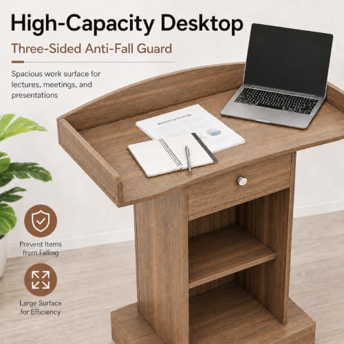Teacher Podium Stand Lectern Wooden Drawer Lectern Podium 42in Height Wooden Storage Drawer Brown for Classroom Office Reception School Seminar Floor Standing(Brown)