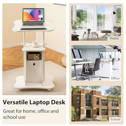 Moccha Lectern Podium Stand, Height Adjustable Sit to Stand Desk w/ 180° Tilting Tabletop, Storage Cabinet, Lockable Casters, Rolling Lectern Cart Laptop Desk for Home, Office, School (White) - color: White