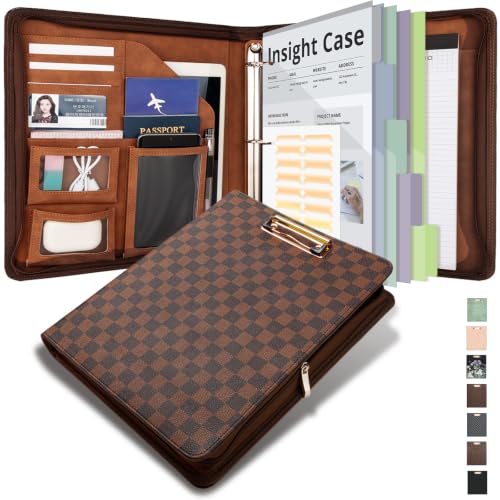Clipboard with Storage for Men Women, Leather Padfolio Portfolio with Zipper, 1 Inch 3 Ring Binder 5 Dividers, Notepad for Letter Size, Elastic Closure and Pen Loop, Card Slot，Brown - color: Brown Grid