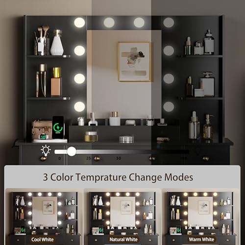 HUANLEGO Vanity Desk with Mirror and Lights, Makeup Vanity with Mirror and LED Lights & Power Outlet, 3 Drawers and Cabinets, 3 Lighting Modes Dressing Table Set for Girls Women Bedroom,Black - size: 43.7x15.7x57.6 in, style: Black