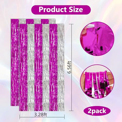 BEISHIDA Hot Pink Silver Door Streamers Backdrop Foil Fringe Tinsel Party Streamers Curtains Photo Backdrop - 2Pcs for Girl Birthday Valentines Graduation Bachelorette Party Decoations - color: 05-hot pink silver