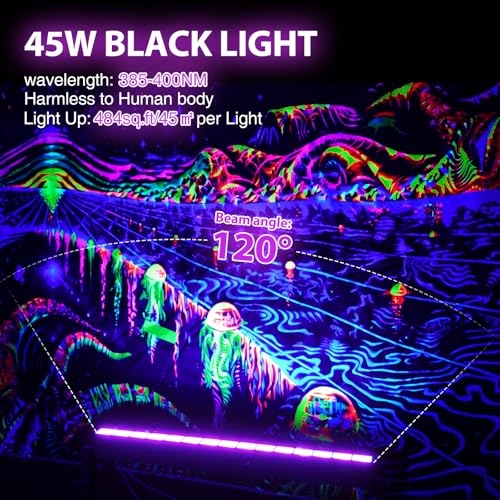 45W LED Black Light Bar,Black Lights for Glow Party,Waterproof Blacklight with Plug & Switch, Halloween Light for Glow in the Dark Party Supplies,Bedroom,Body Paint,Stage Lighting,4 Pack