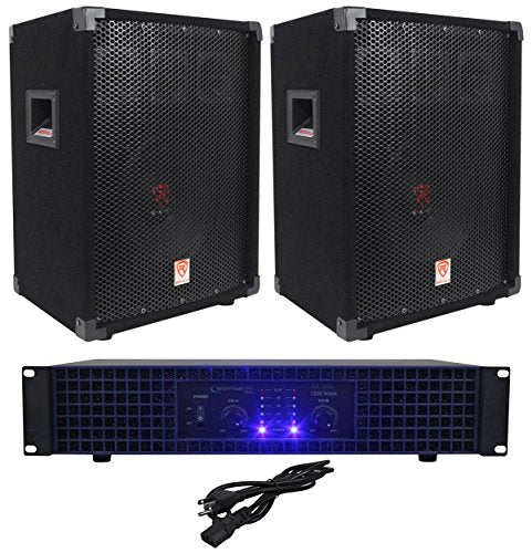 Rockville RSG10 10" PA Speaker Pair DJ Bundle with Technical Pro AX1200 Amp | 800W Peak / 300W RMS Total, 8 Ohm, SpeakON/1/4" Inputs, 1200W 2-Channel Power Amplifier, Pole Mountable, 3-Items