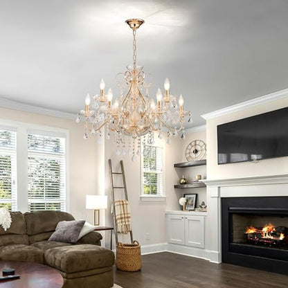 Saint Mossi Gold Crystal Chandelier for Dining Room, 9-Light Modern Chandelier Pendant Light, French Gold Crystal Raindrop Chandelier for Bedroom, Living Room, Foyer, H19 x D24 - color: French Gold 9-Light