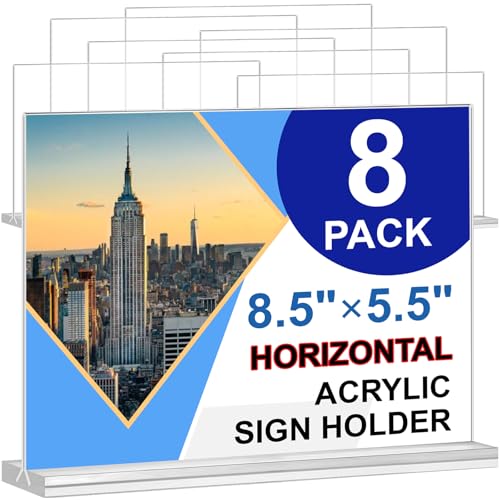 Acrylic Sign Holder 8.5 x 5.5, 8 Pack Double-Sided Standup Table Top Clear Sign Holders, T Shape Horizontal Plastic Acrylic Picture Frame Menu Flyer Paper Holder Display Stands for Office Store Wedding - size: 8 Pack 8.5x5.5''