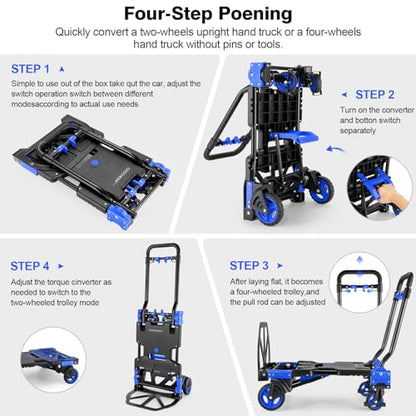 Folding Hand Truck Dolly, 330lb Convertible 4 to 2 Wheel Moving Cart, Blue | Dolly Cart with Retractable, Aluminum Alloy & Cast Iron Build, Nylon Wheels,Compact Fold,for Moving,Office,Delivery,Outdoor - size: 330LB Blue
